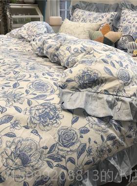 正品isn蓝色花边田园手绘风床m上四件套全棉棉被纯套1.51.8米床单