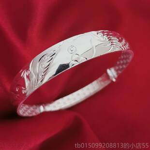 正品足中银999手镯纯银女新9款送妈妈老?年人开 ?口简约牡丹莲花