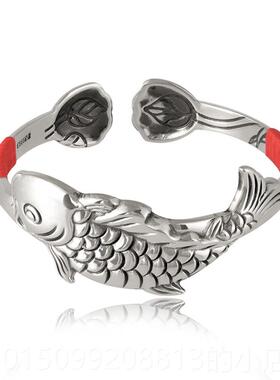 正品999纯银手镯女重工小众鲤莲浮蓬9银饰雕银镯子鱼实心复古生日