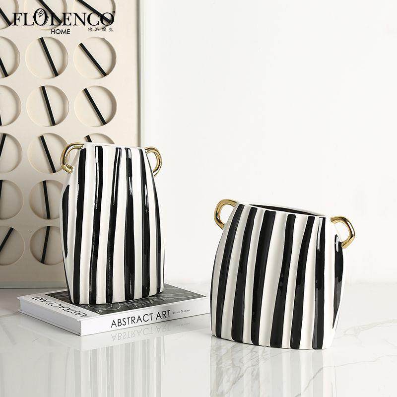 现代轻奢手绘竖条纹金耳陶瓷花瓶样板房客厅插花酒柜创意家居摆件,电子元器件市场,其它元器件,淘宝优惠券,粉丝福利购,淘宝优惠卷