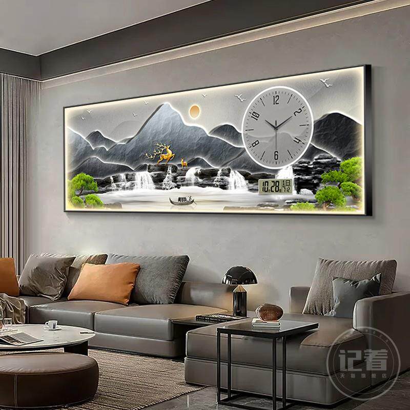 流水生财客厅装饰画带钟表沙发背景墙壁万年历电子钟挂画茶室灯画