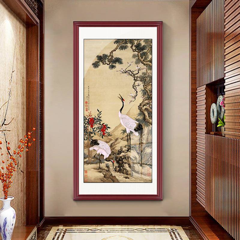 正对大门墙松鹤延年入户骏玄关饰GH-025荷花挂图画中式竖版八装传