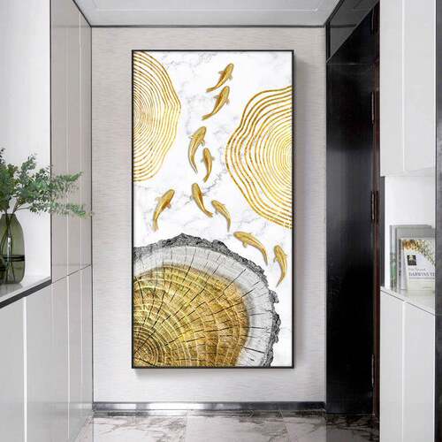 九鱼呈饰祥玄关装画版入户道走廊过挂画聚竖财新中式轻奢B-833大
