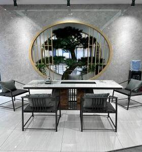 中式轻HVZ奢岩板茶椅桌组合公办室家用茶茶台泡桌烧水壶一体现代