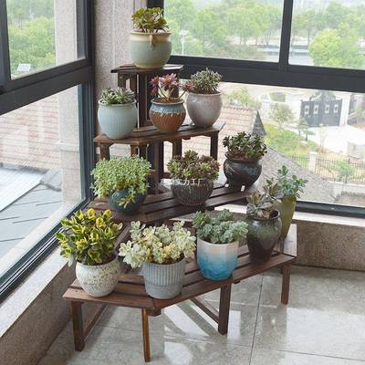防腐木转角花架层室内盆实木墙多角架阶梯多肉置物12333户外阳架