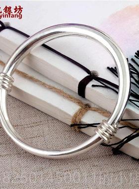 高档手工打实磨银手镯足银999银女经典心镯子光面圆条伸纯缩推纯