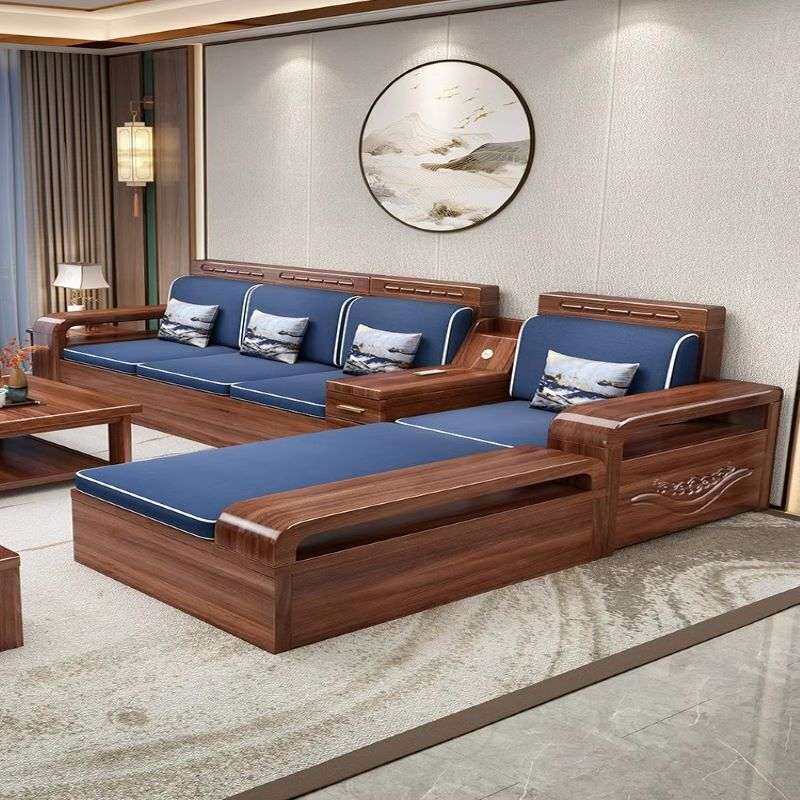 胡桃木实木沙发组合套装中式冬夏两用雕花储物小户型木质客厅家具