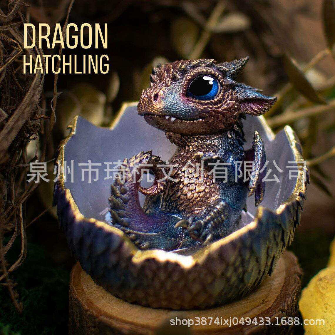 跨境热销新品蛋壳中的新生龙深彩虹色的婴儿龙可爱雕像摆件装饰品
