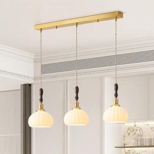 法式轻奢餐厅灯胡桃木陶瓷吊灯三头全铜个性日式吧台吊灯复古吊灯