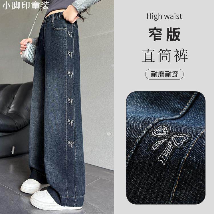 蝴蝶结窄版女童阔腿牛仔裤