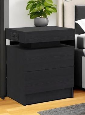 带充电站的PJB床头柜、带屉LE代灯和抽D的现黑色床头柜、卧室床头