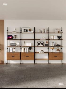 意式极简木书架书柜客厅一体墙置CGE物实架多层整落地储展物创意