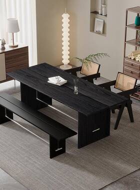 侘寂风黑色桌子复古饭桌包斯豪书桌简约中古实木餐桌椅组合办公桌