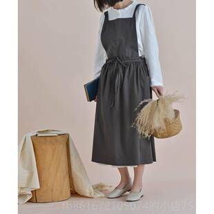 高档定制日loo围裙式古森系画室花艺百褶裙覆摆系带g棉麻文艺工作