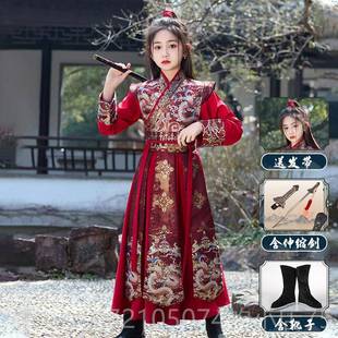 高档女红色汉花木兰装服儿童女侠中国风cos仙侠古装演出童服剑客