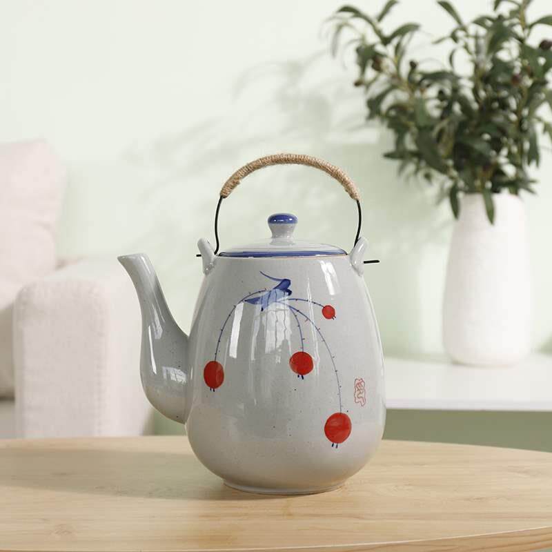 陶瓷大茶壶手绘复古日式粗陶2升1.5升提梁壶餐厅泡茶壶用凉水壶