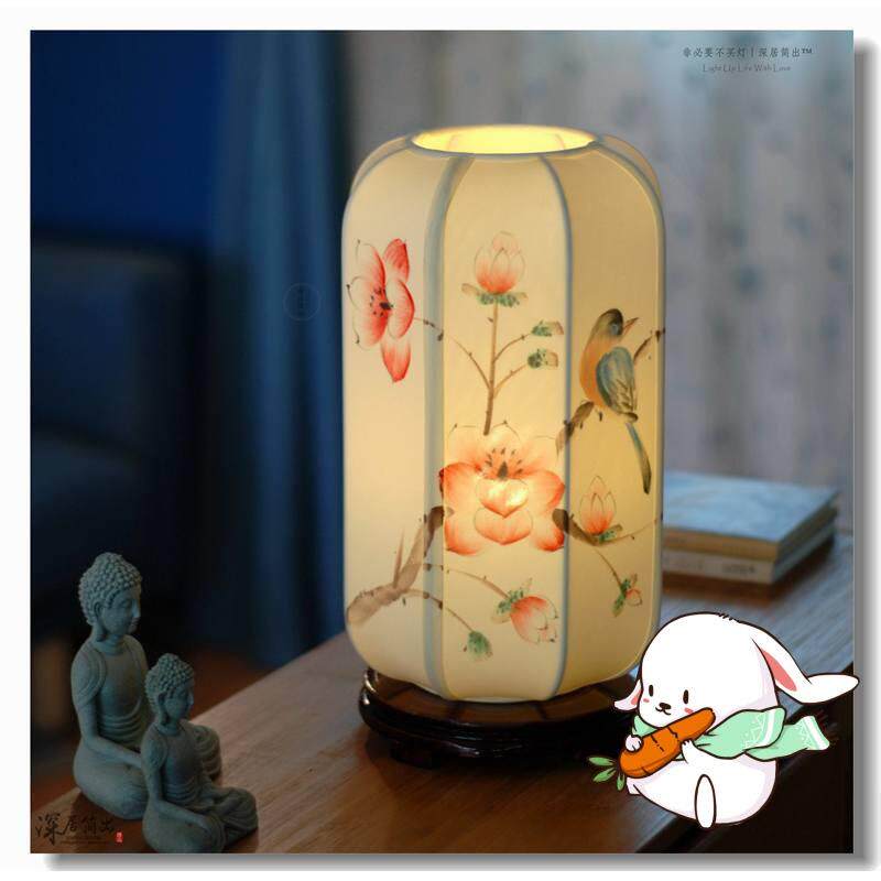 新中式手绘花鸟台灯古风卧室装饰真丝布艺床头氛围灯小夜灯可充电