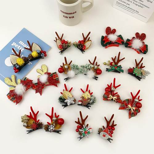 新款热卖圣诞发夹卡通鹿角水貂毛