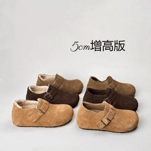 秋冬百搭保暖棉鞋 隐形内增高真皮勃肯鞋 加绒女新款