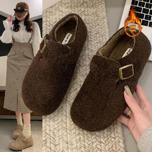 年秋冬森系复古毛毡丑萌圆头皮带扣加绒勃肯鞋 女 秋冬保暖棉鞋