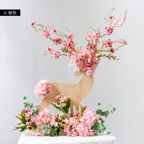 高档北s欧in风鹿小造型摆件玄关客厅餐绢桌仿真花花桌面装饰品摆