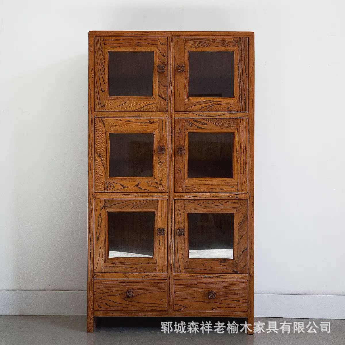 老榆木玻璃柜家用客厅靠墙储物柜复古双开收纳柜茶具展示柜六格柜