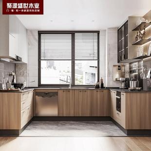 整体橱柜原木风简约厨房橱柜装修石英石台面灶台碗柜一体拉篮厨
