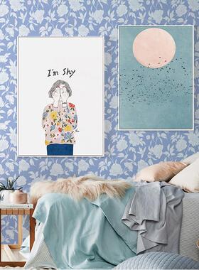 YHB025蓝色背景白色花朵家居装饰卧室客厅背景墙翻新自粘墙布壁纸