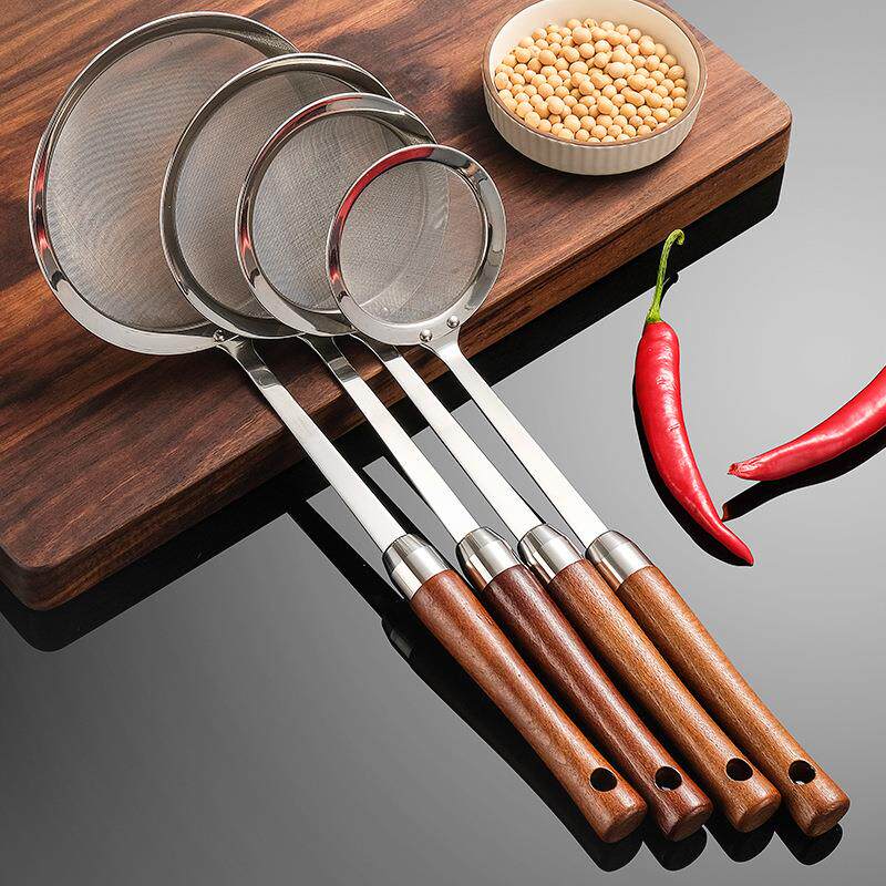 304不锈钢油隔勺网漏过滤豆浆火锅勺面粉果汁过滤网筛木柄油格勺