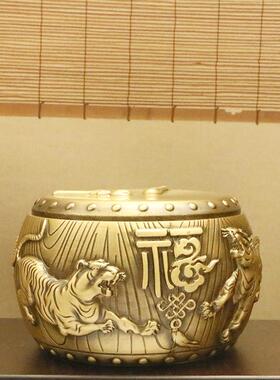 黄铜创意复古浮雕五虎烟灰缸摆件办公室创意铜器黄铜摆件工艺品