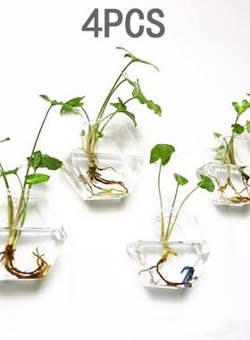 创意六角壁挂玻璃花瓶 六角形花瓶4个装水培植物花瓶家居墙壁花瓶