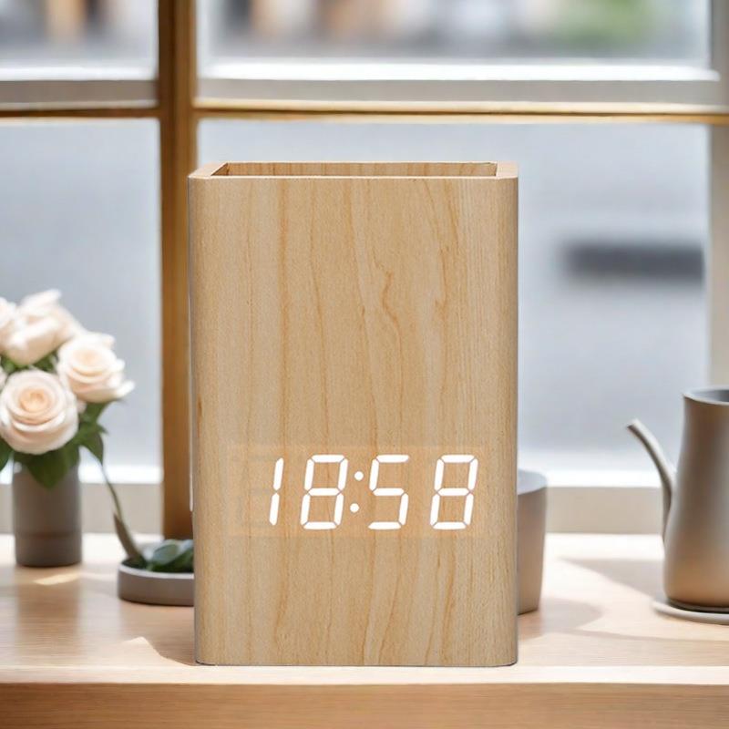 LED木制笔筒时钟办公室学生桌面收纳电子数字闹钟文具笔筒电子钟
