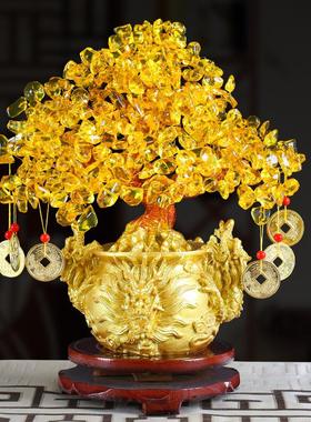 黄水晶龙头发财树酒柜装饰品摆件家居客厅电视柜摆设招财摇钱树