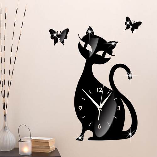 爆款亚克力可爱猫挂钟 创意个性黑猫挂钟 简约时尚客厅创意挂钟