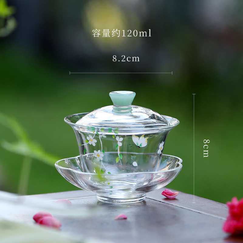 花朝三才盖碗绿茶碗小清新功夫茶具泡茶碗带底托高硼硅耐热玻璃