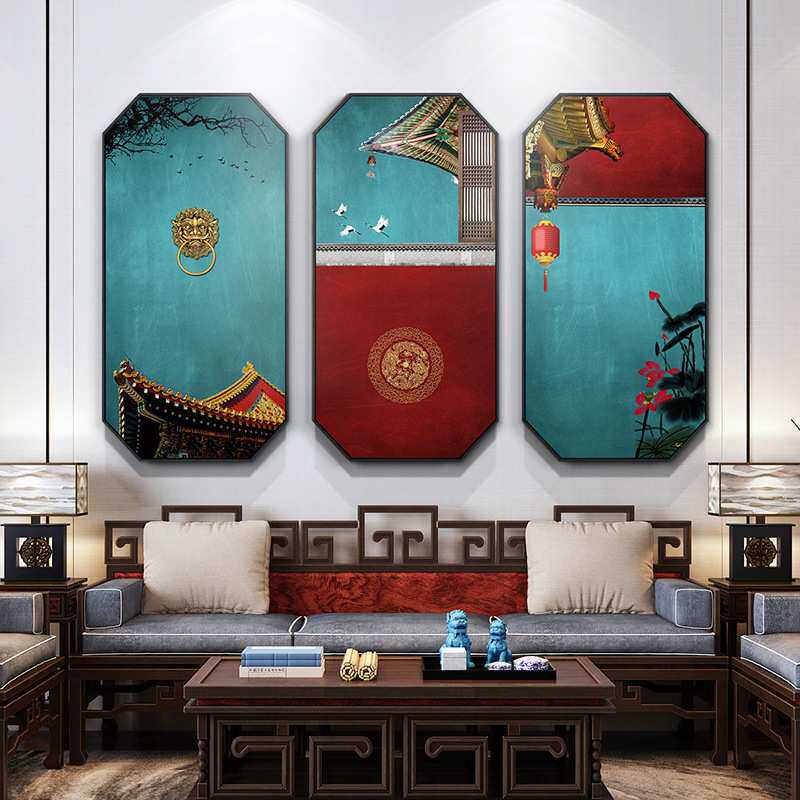 新中式古风装饰画禅意八边形玄关客厅挂画竖版现代中式茶叶店壁画