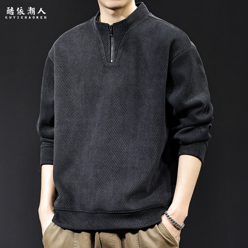 高端纹理感半高领拉链卫衣男2025新款秋冬款重磅潮牌大码加绒衣服