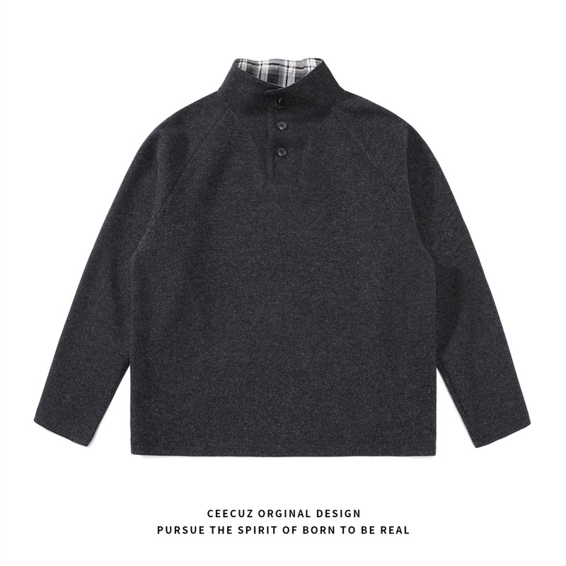 Ceecuz冬季重磅短毛呢格子拼接立领廓形卫衣男款松弛感穿搭上衣
