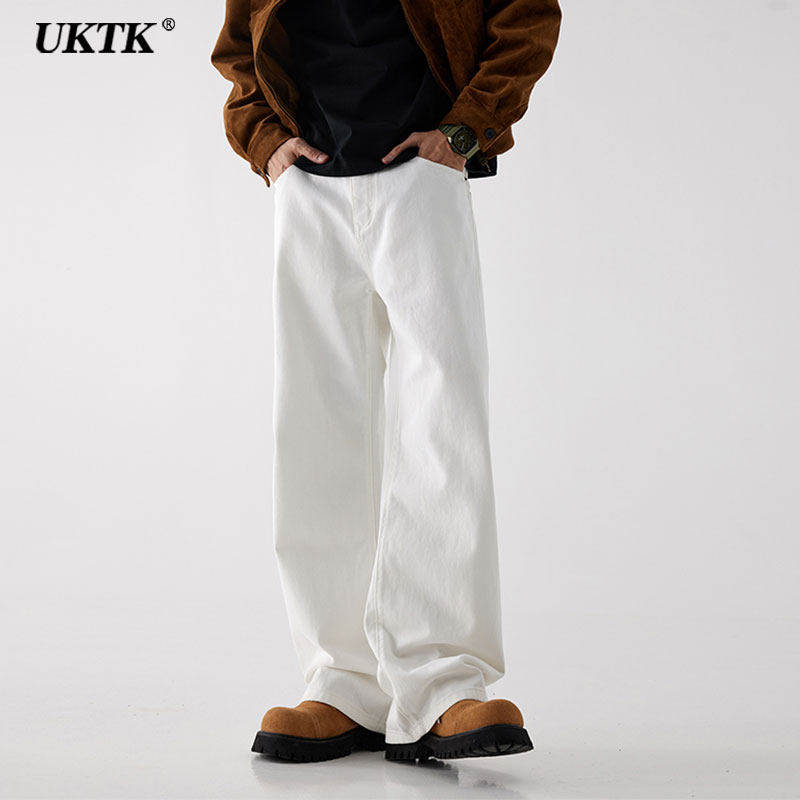 UKTK纯白色直筒牛仔裤男新款加绒宽松高级感cleanfit潮牌阔腿裤潮