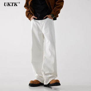 UKTK纯白色直筒牛仔裤男新款加绒宽松高级感cleanfit潮牌阔腿裤潮
