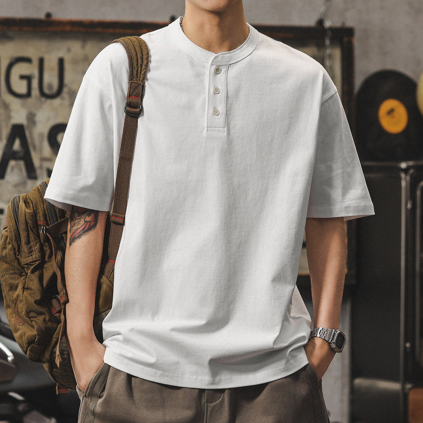 白色polo衫男美式复古亨利领短袖男款重磅纯棉t恤宽松纯色上衣服