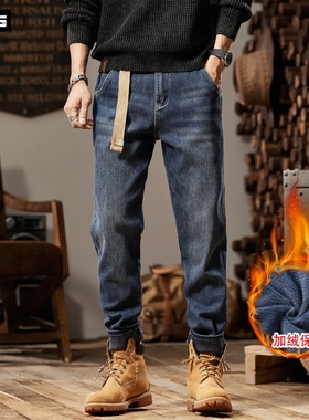 S135高端加绒加厚牛仔裤男款2025年冬季新款耐磨百搭直筒微锥裤子