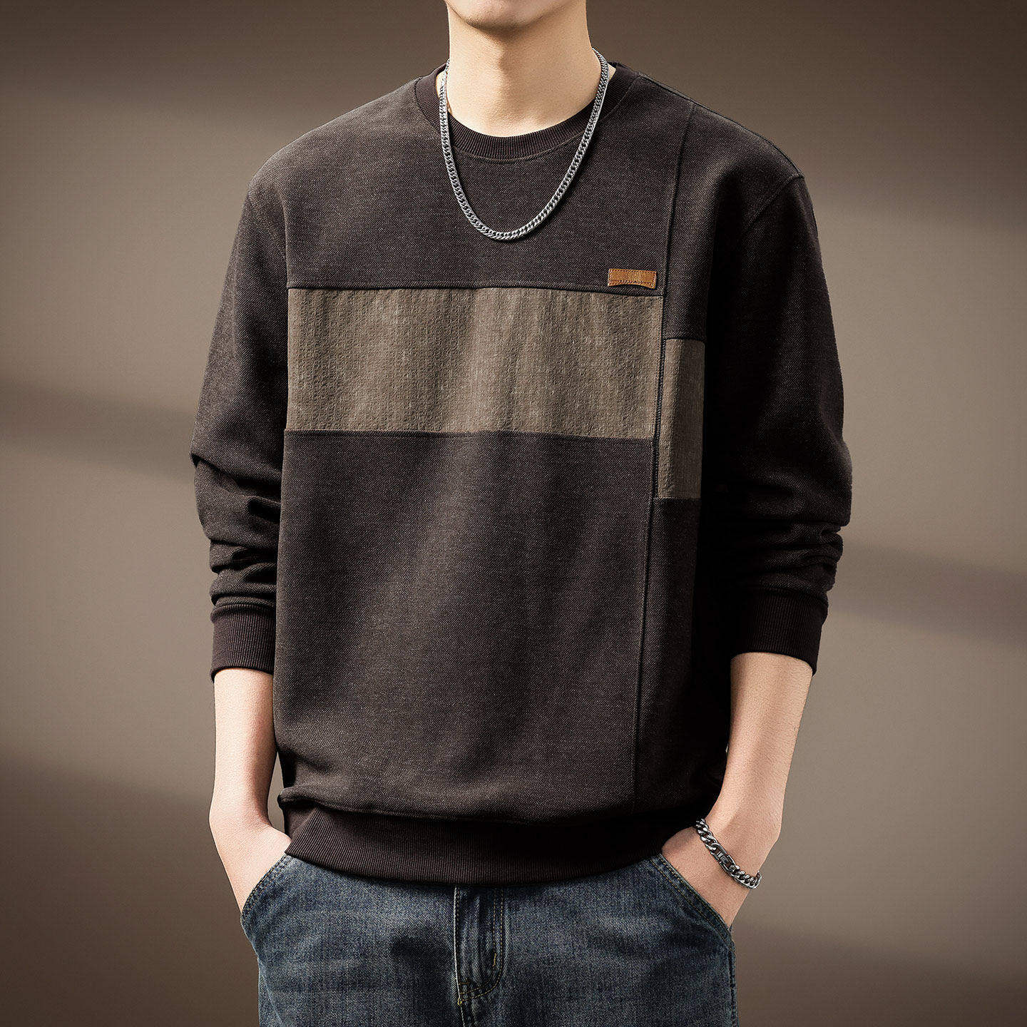 高端美式复古重磅拼接长袖卫衣男士2026秋冬加绒宽松潮牌打底上衣,男装,卫衣,淘宝优惠券,粉丝福利购,淘宝优惠卷