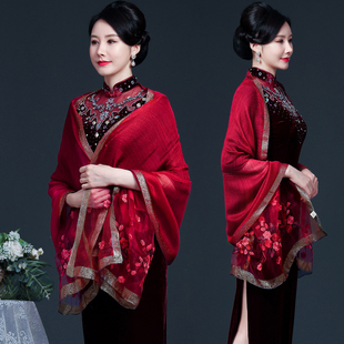 红色刺绣羊毛真丝丝巾旗袍披肩外搭婚礼妈妈礼服长款围巾薄款外披