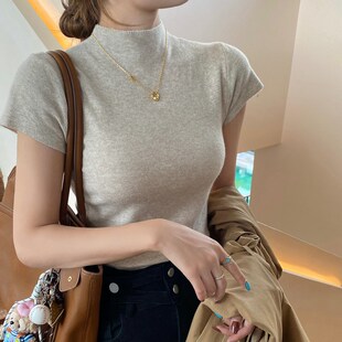 修身 灰色半高领短袖 女装 内搭2024早春秋新款 上衣 高级感针织打底衫