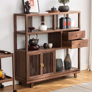 新中式北美黑胡桃木宋式美学储物柜茶室茶叶柜博古架会所定制家具