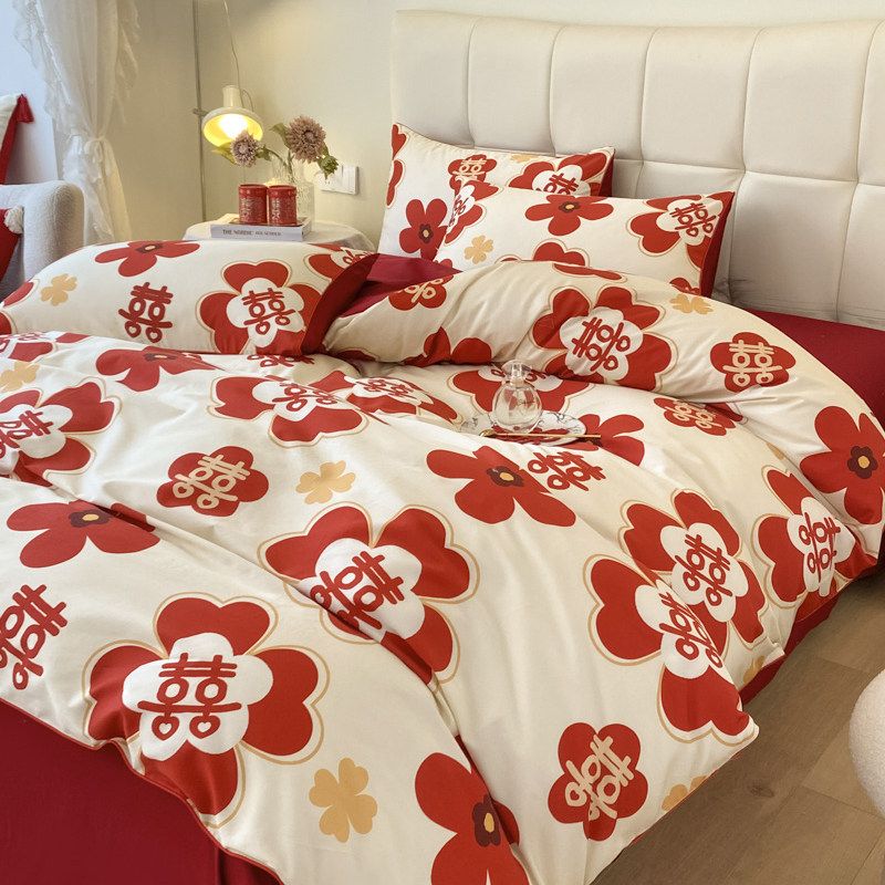 简约婚庆四件套大红色红花喜被婚床单笠新婚庆房嫁礼床上用品中式
