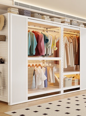 钢制货架衣柜家用卧室简易组装开放式挂衣架置物架金属衣橱