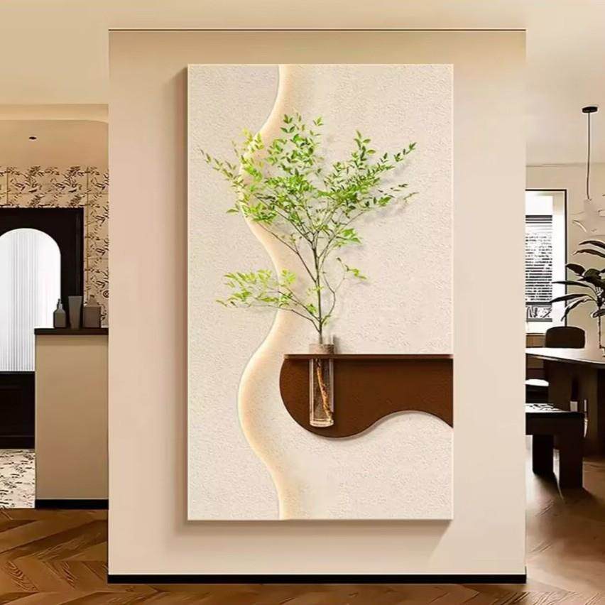 奶油风客厅装饰画水培绿植挂画创意氛围灯光画玄关正对门高端壁画