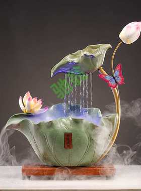 yut新中式水循环流水生才摆件家居客厅办公室桌面荷花开业送礼装